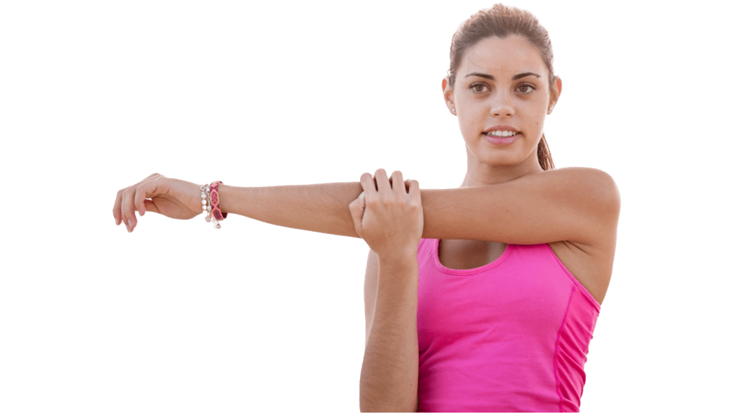 fitgirl in pink shirt stretching